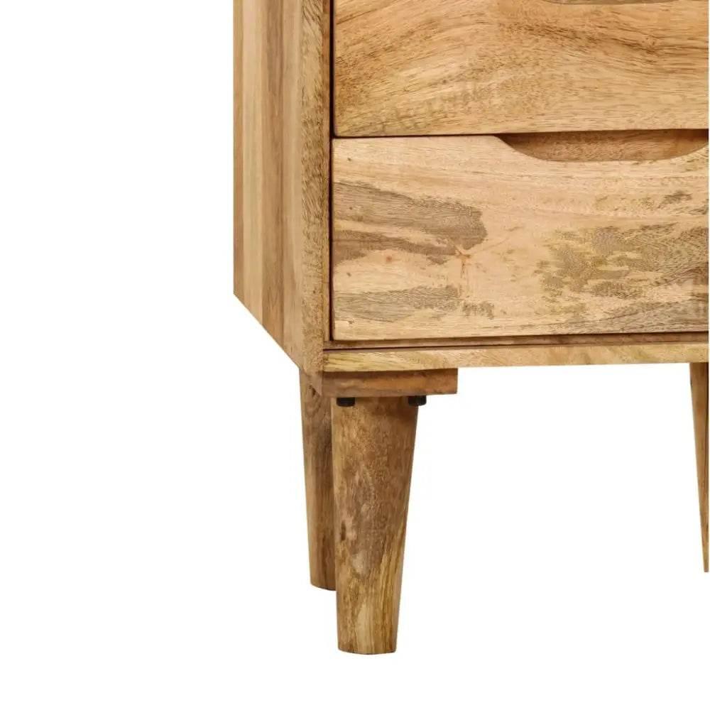 Stylish Mango Wood Bedside Cabinet features three drawers, adding elegance and storage to your bedroom aesthetic.