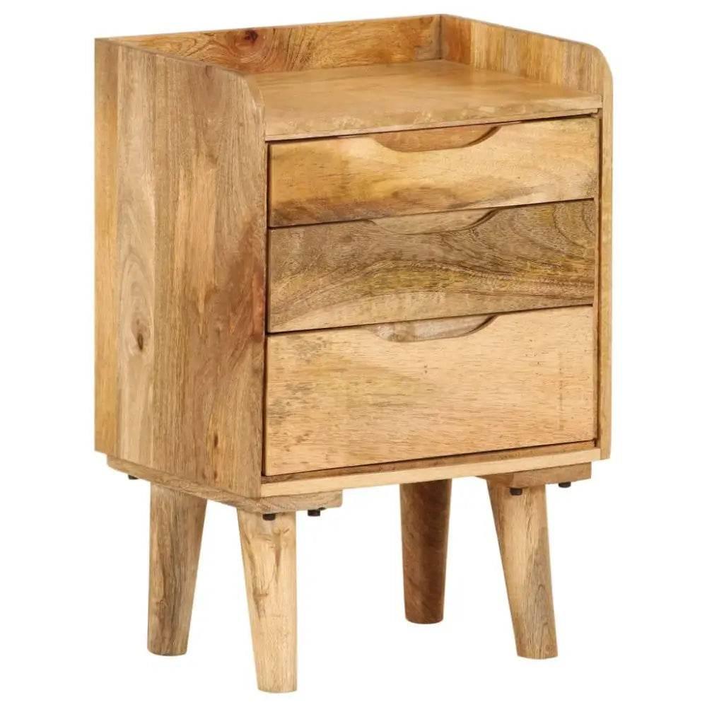 Elegant Mango Wood Bedside Cabinet: Discover Nightstand Nirvana! Three-drawer nightstand for stylish bedroom storage.