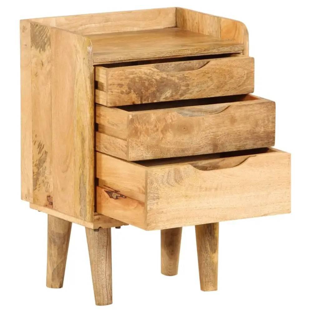 Mango Wood Bedside Cabinet: Discover Nightstand Nirvana! Stunning three-drawer nightstand enhances your bedroom aesthetic.