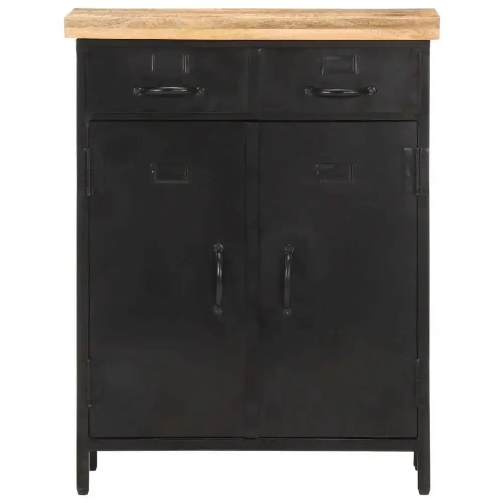 Industrial Black Metal Cabinet with Solid Mango Wood Top for Stylish Home Organization