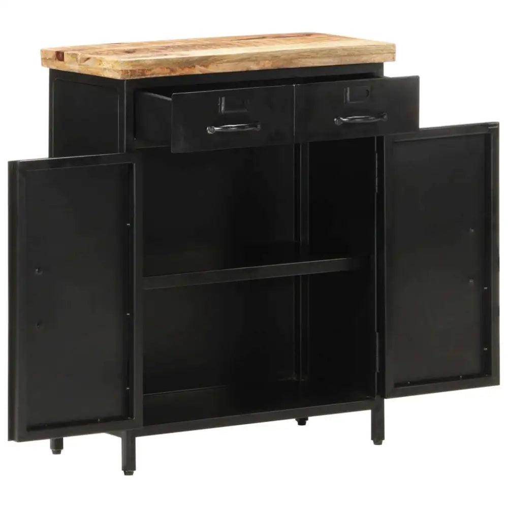Unleash Style: Black Metal Cabinet with Solid Mango Wood Top! Okay, Here's a Product Description that Follows your Instructions: Elevate - Estalios