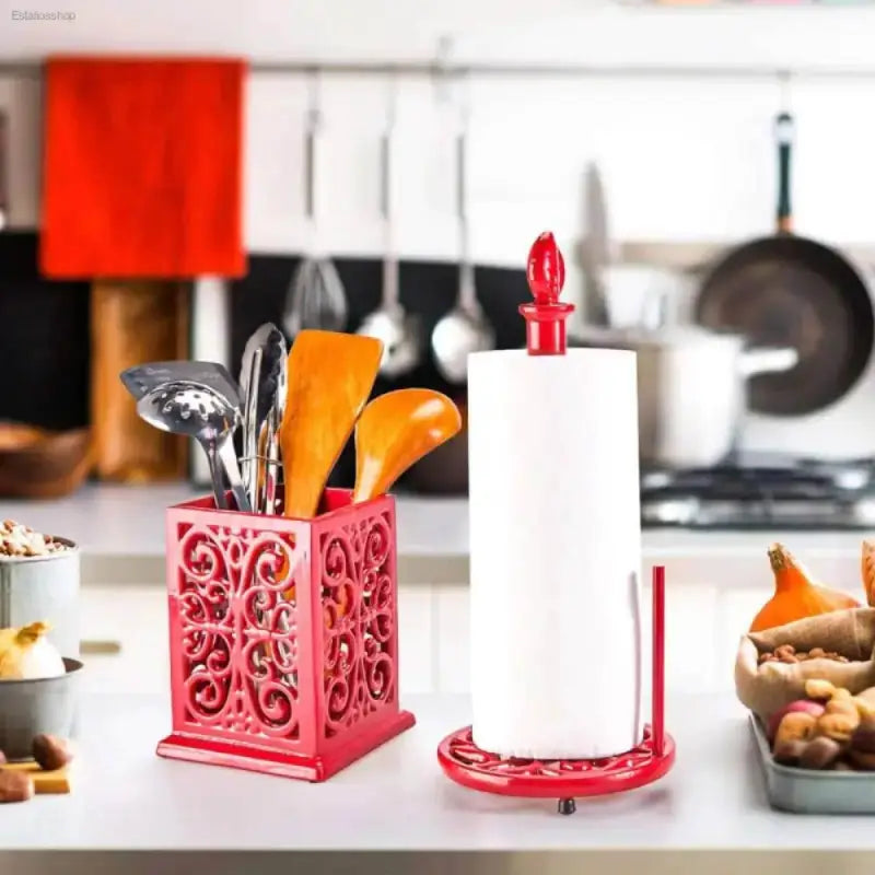 Vintage Red Cast Iron Paper Towel Holder for Kitchen - Estalios