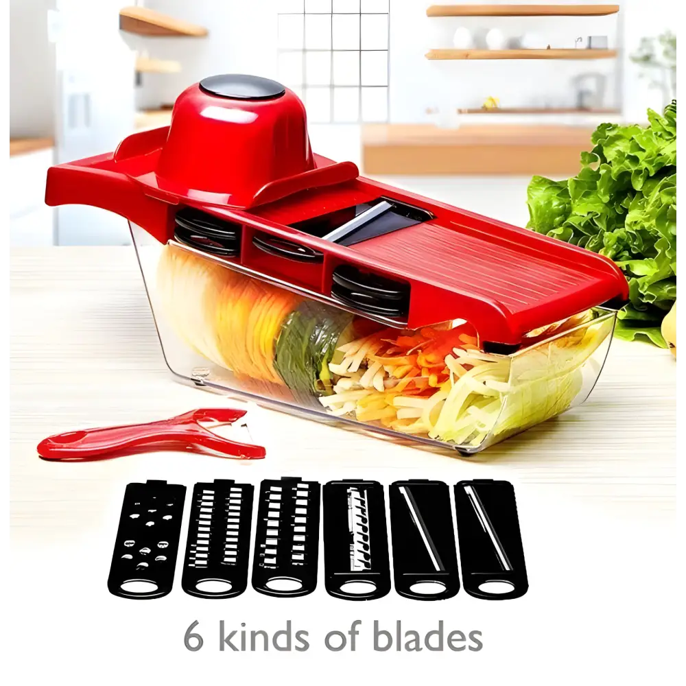 Red vegetable slicer with interchangeable blades, perfect for cutting fries and veggies