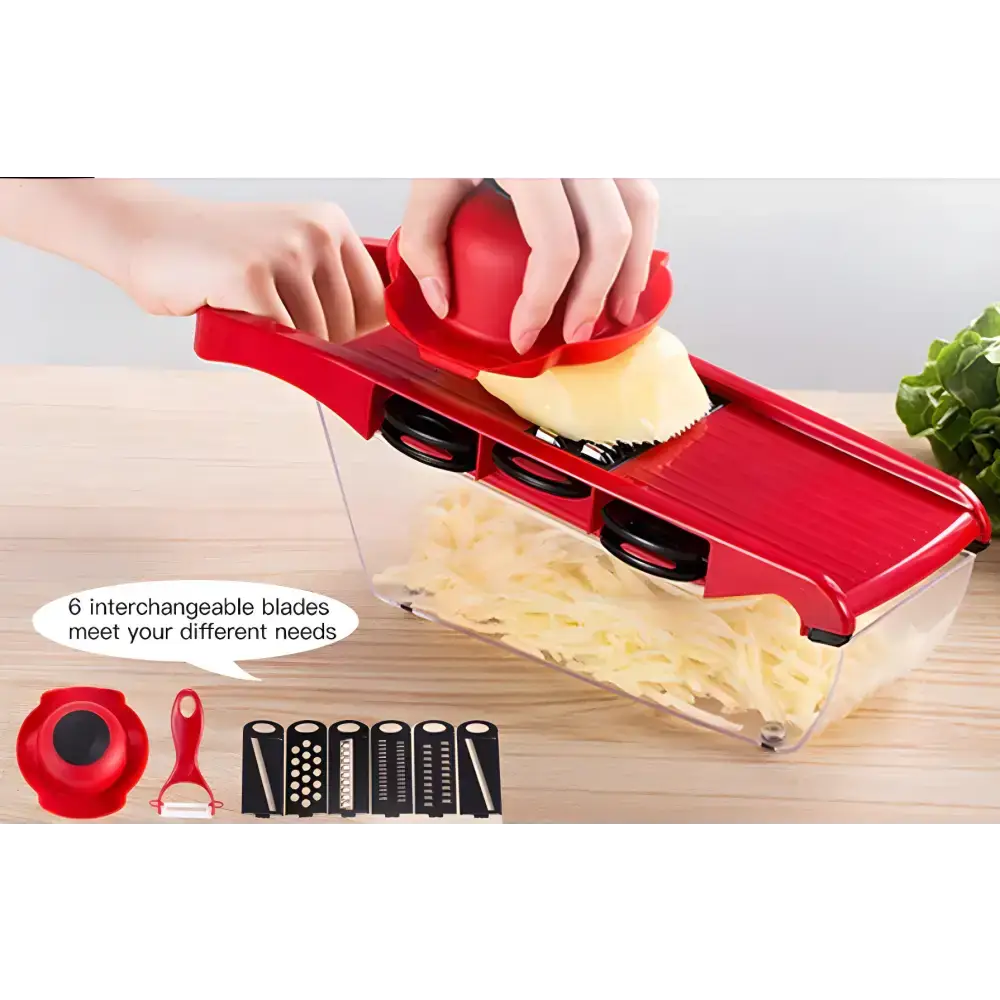 Red mandoline vegetable slicer with interchangeable stainless blades for perfect fries