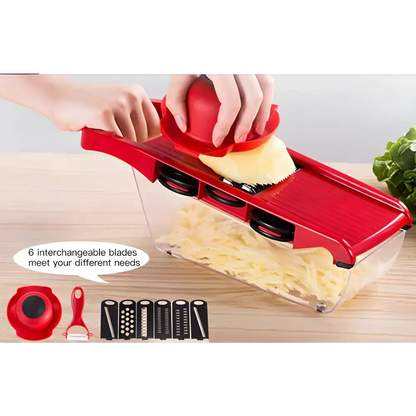 Red mandoline vegetable slicer with interchangeable stainless blades for perfect fries