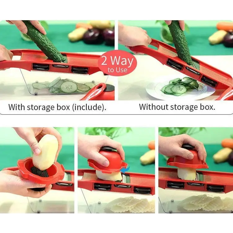 Waffle Fry & Veggie Slicer with storage and stainless blades for easy vegetable prep