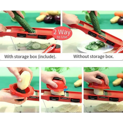 Waffle Fry & Veggie Slicer with storage and stainless blades for easy vegetable prep