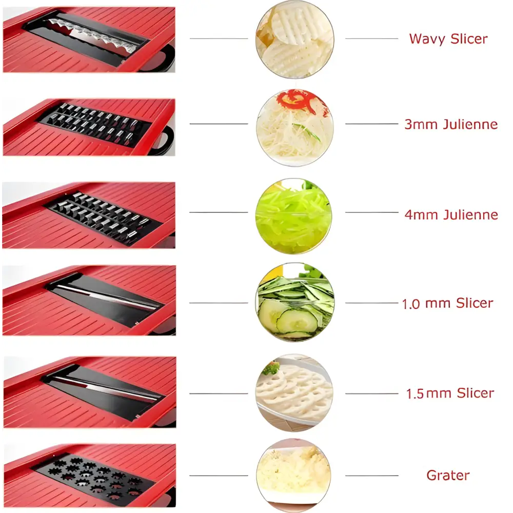 Red mandoline vegetable slicer with various blades for perfect veggie cuts