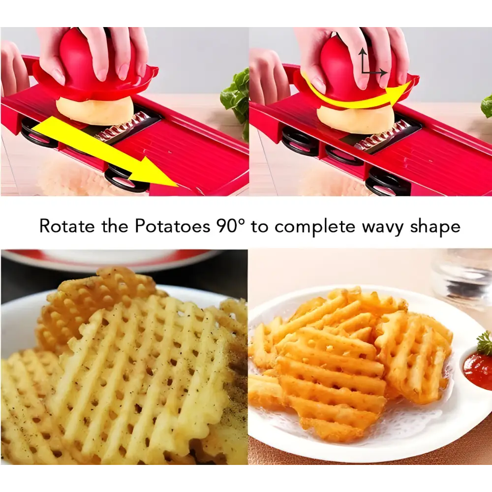 Waffle Fry & Veggie Slicer with Blades cutting perfectly shaped fries and veggies