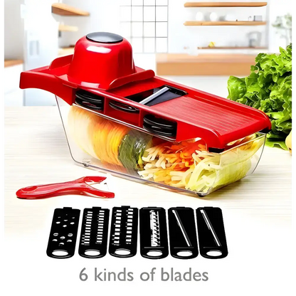 Red mandoline vegetable slicer with blade attachments for perfect waffle fries and veggies