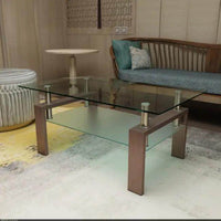 Sleek Fusion Glass-Top Table with Chic Brown Legs - Estalios