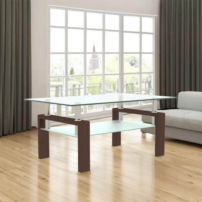 Sleek Fusion Glass-Top Table with Chic Brown Legs - Estalios