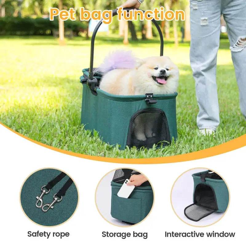Green pet carrier with dog.