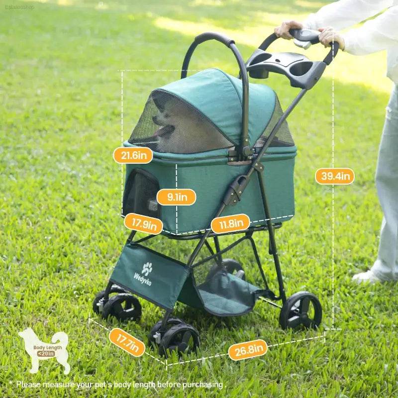 Green pet stroller with dimensions.