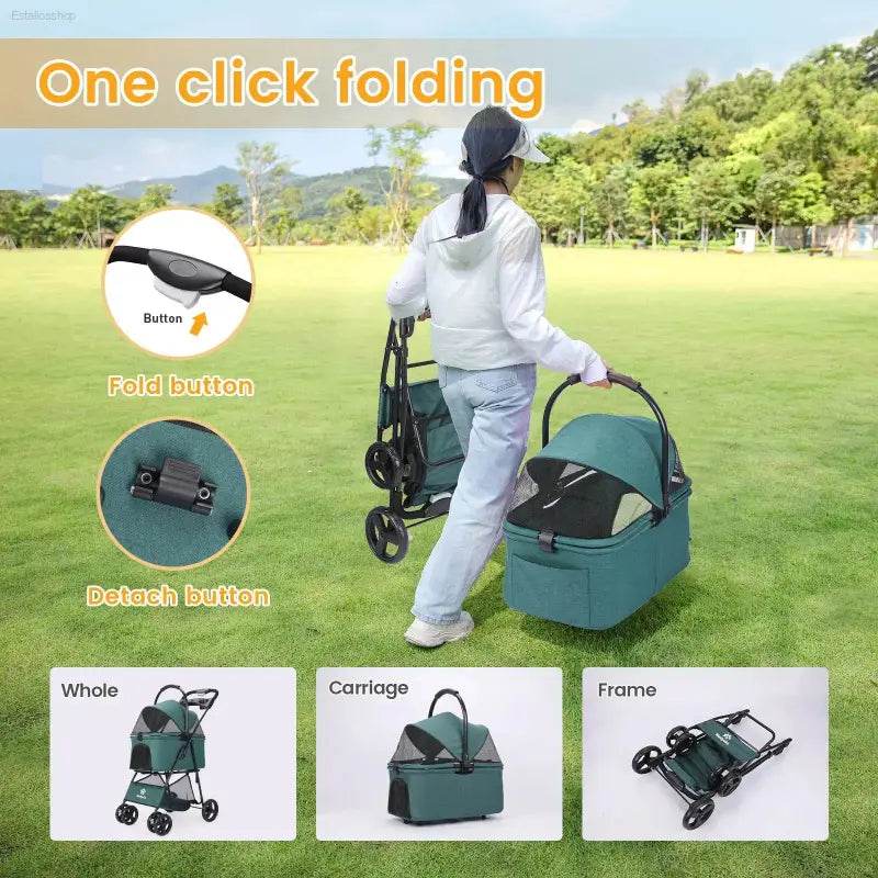 Green pet stroller with folding frame.