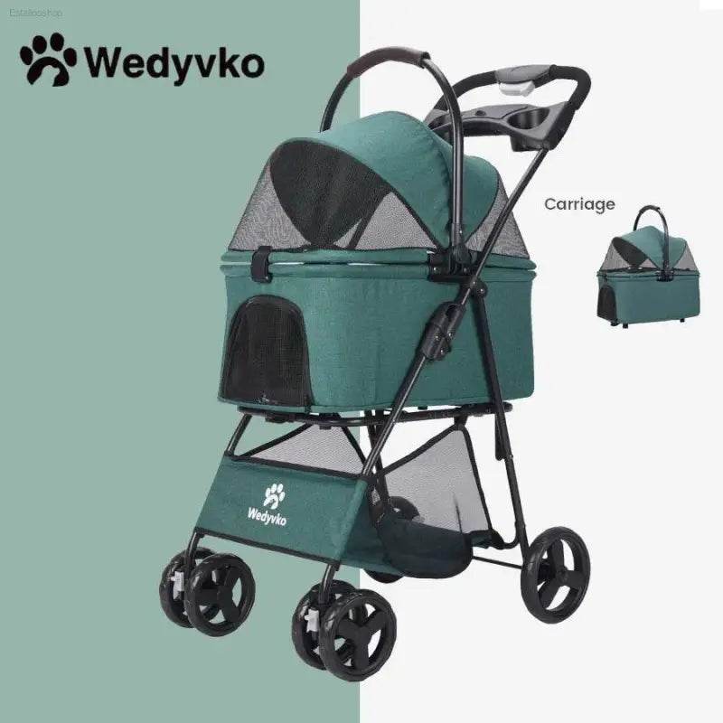 Green pet stroller with carriage option.