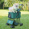 Green pet stroller with a fluffy dog.