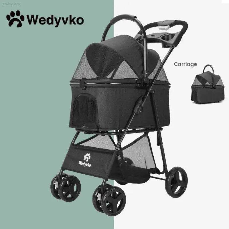 Black pet stroller with carriage.