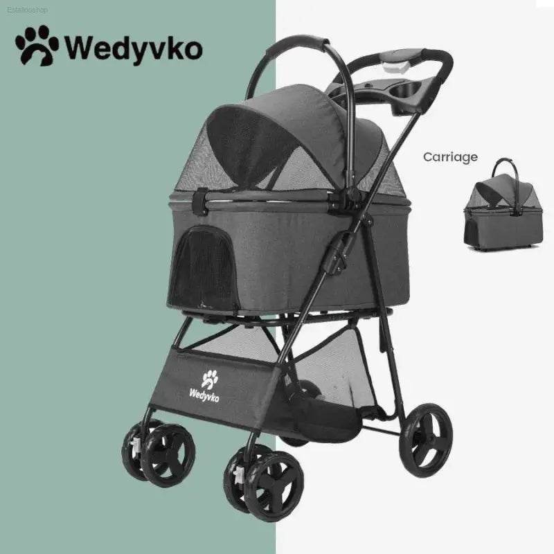 Gray pet stroller with carriage.