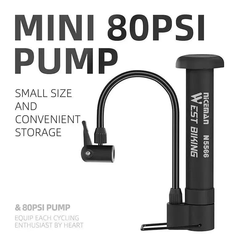 Black mini bike pump for balloon tires, West Biking MTB Manual, inflates up to 120 psi