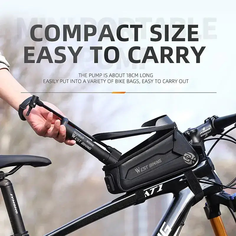 Bike frame bag with West Biking MTB manual bike pump for balloon tires at 120 psi