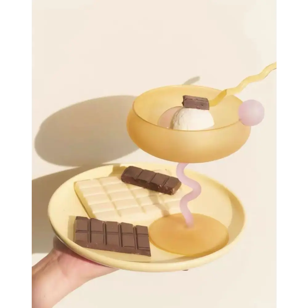 Whimsical two-tiered dessert dish with chocolate and ice cream for Eclectic Dopamine fun