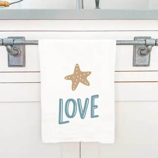 White Cotton Tea Towel with Sea Star Love Design for Charm - Estalios