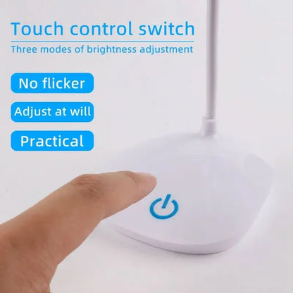 White touch-controlled LED desktop desk lamp with eye protection and USB rechargeable feature