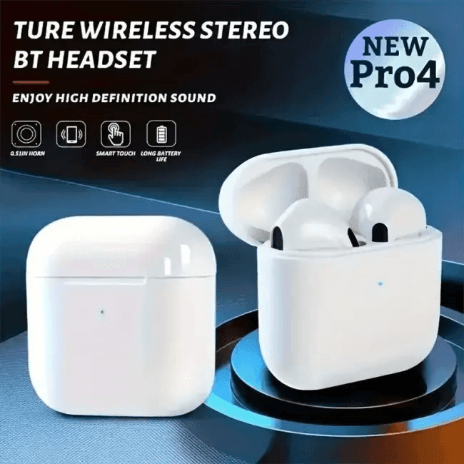 White Pro4 TWS Bluetooth Earbuds with Charging Case - Immersive Sound - Estalios