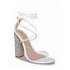 Stylish White Strappy Heeled Sandals with Rhinestone Block Heels - Estalios
