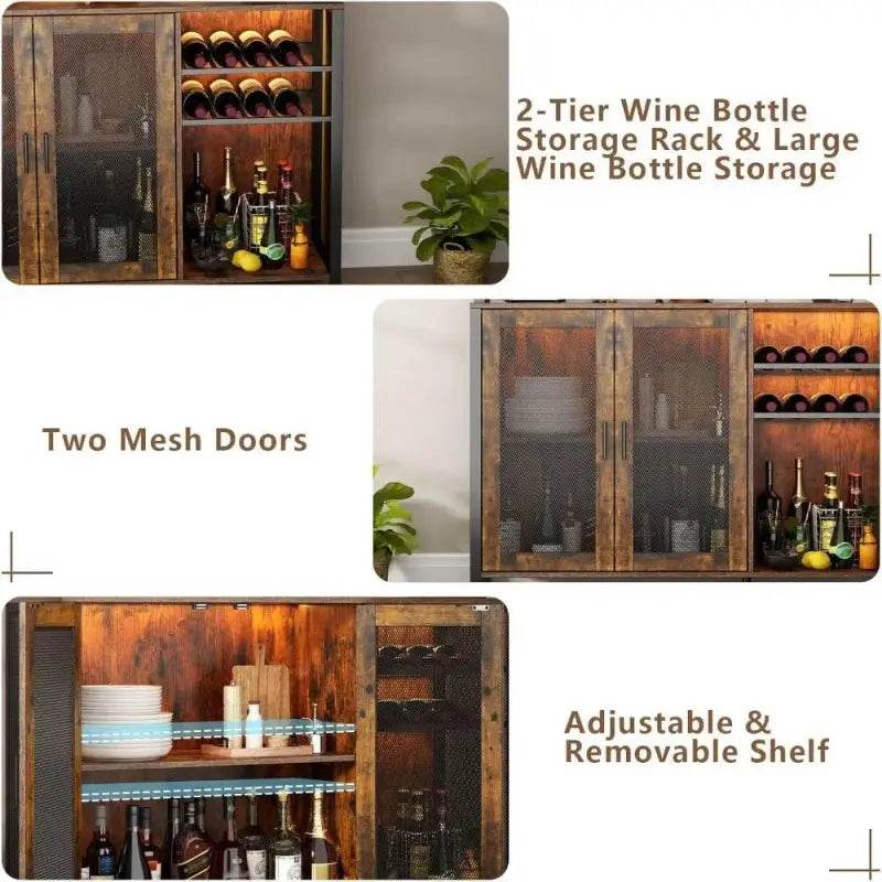 Wine Bar Cabinet with LED Lights and Ample Storage Space - Estalios