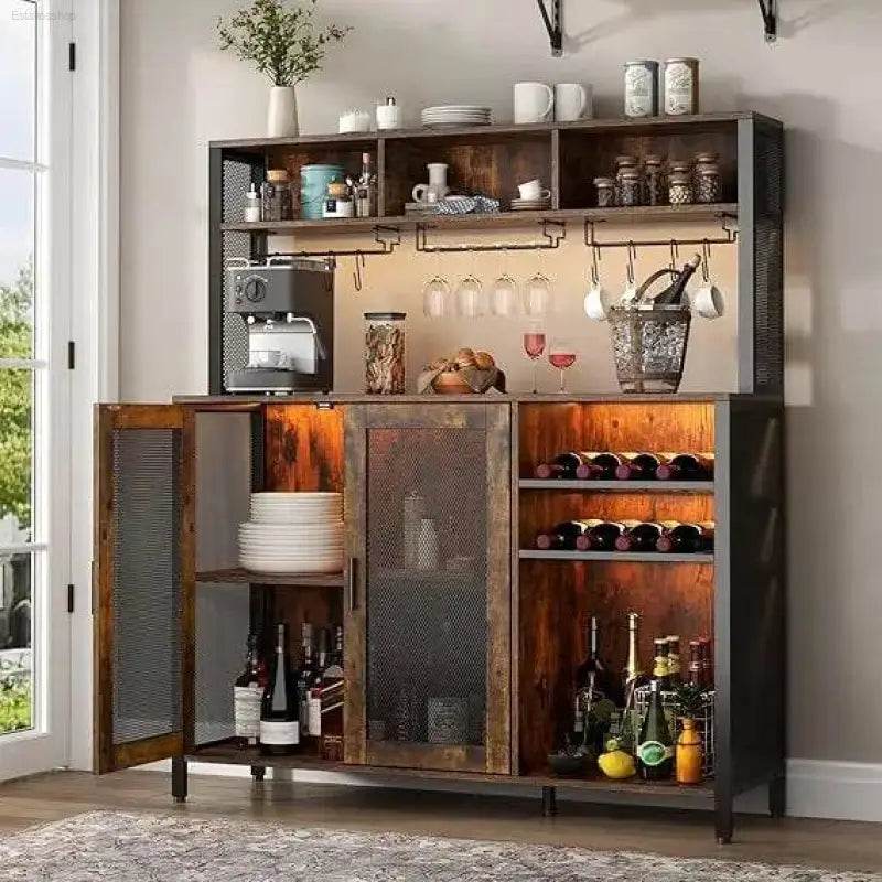 Wine Bar Cabinet with LED Lights and Ample Storage Space - Estalios