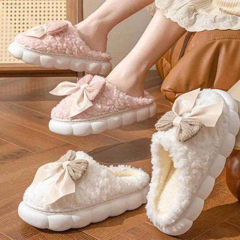 Winter Warm Fur Slippers for Women Cute Bow Non Slip Plush - Estalios