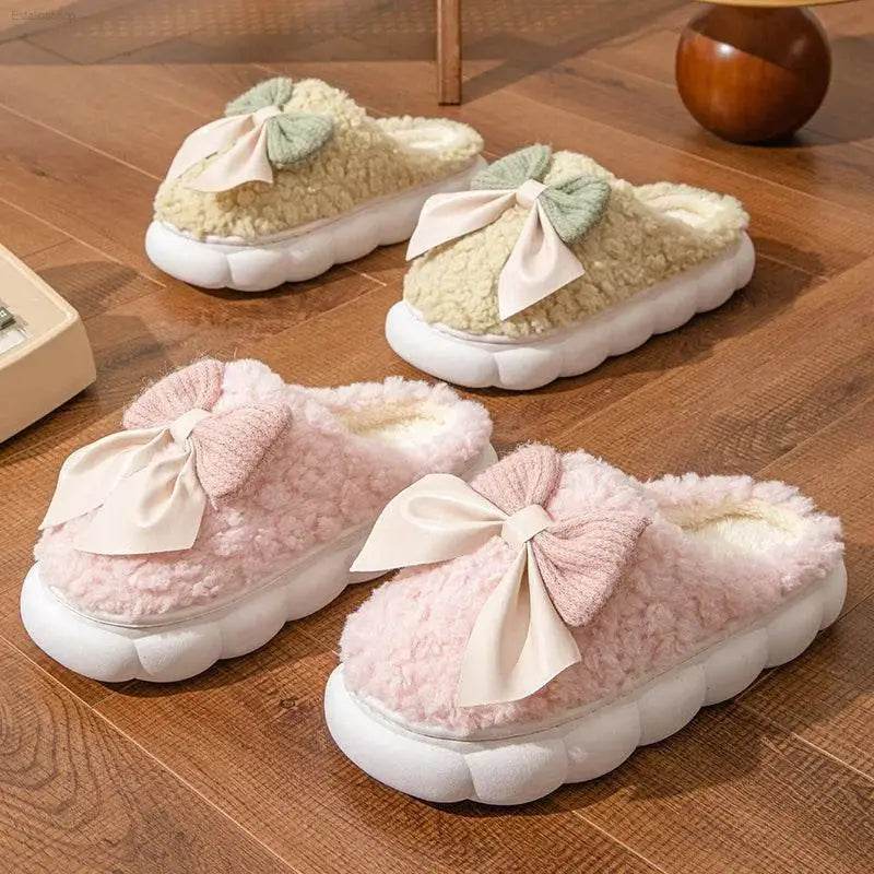 Winter Warm Fur Slippers for Women Cute Bow Non Slip Plush - Estalios