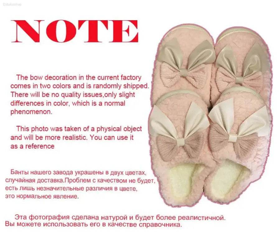 Winter Warm Fur Slippers for Women Cute Bow Non Slip Plush - Estalios