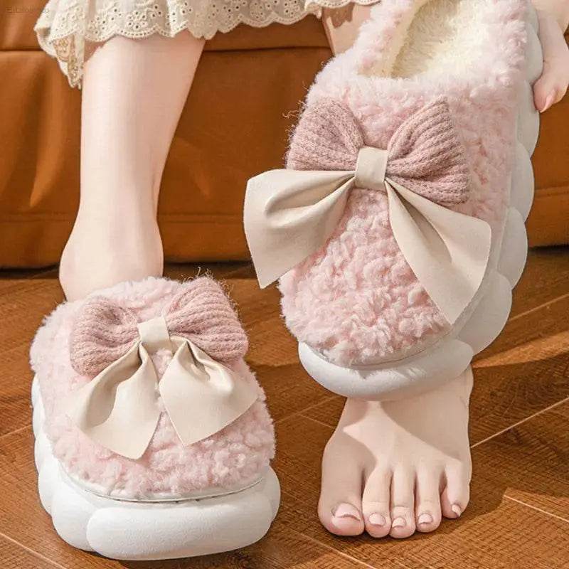 Winter Warm Fur Slippers for Women Cute Bow Non Slip Plush - Estalios