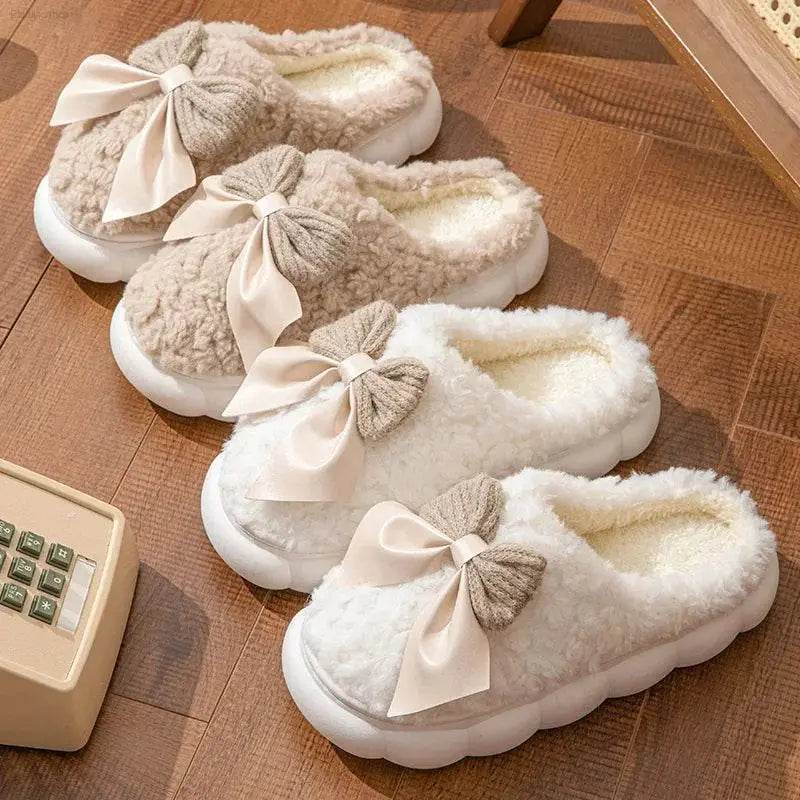 Winter Warm Fur Slippers for Women Cute Bow Non Slip Plush - Estalios