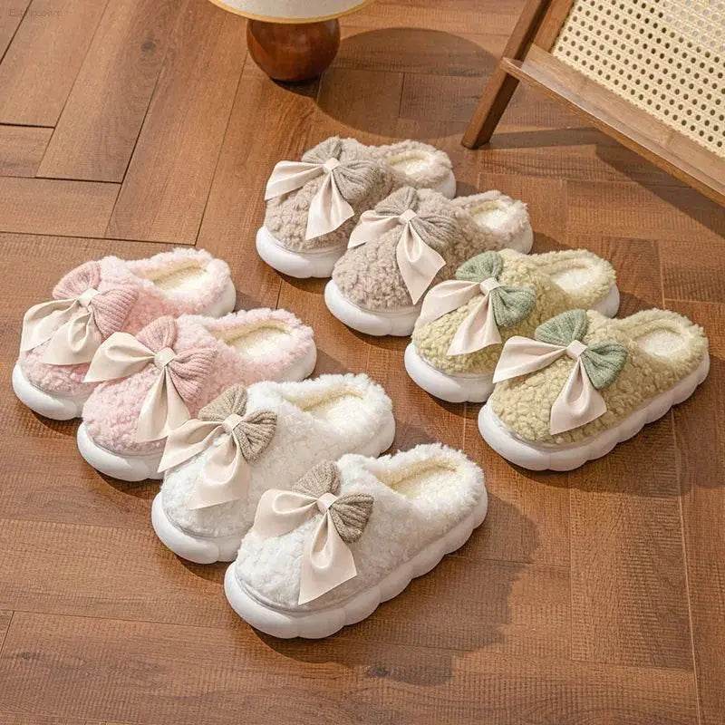 Winter Warm Fur Slippers for Women Cute Bow Non Slip Plush - Estalios
