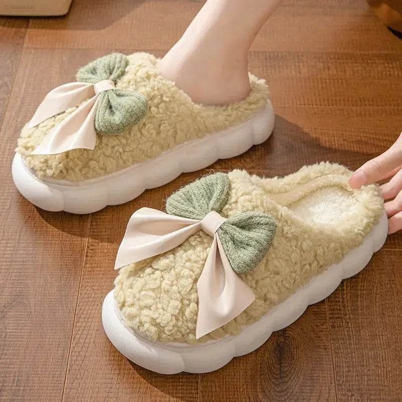 Winter Warm Fur Slippers for Women Cute Bow Non Slip Plush - Estalios