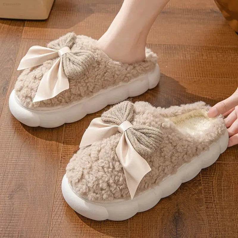 Winter Warm Fur Slippers for Women Cute Bow Non Slip Plush - Estalios
