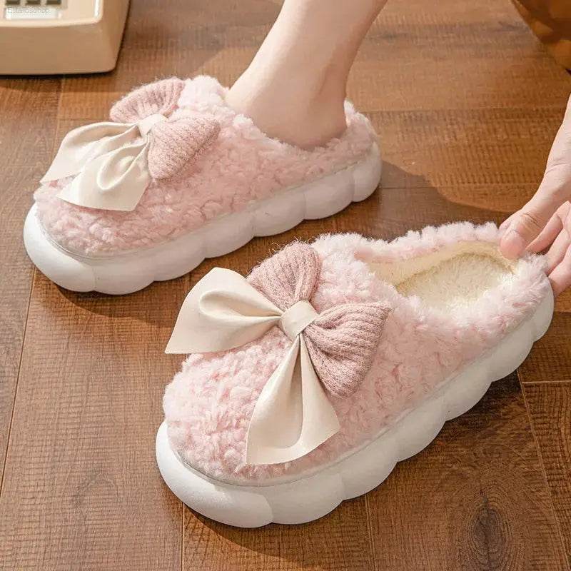 Winter Warm Fur Slippers for Women Cute Bow Non Slip Plush - Estalios