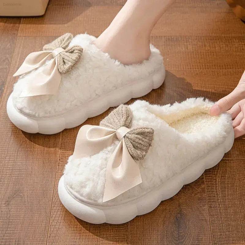Winter Warm Fur Slippers for Women Cute Bow Non Slip Plush - Estalios