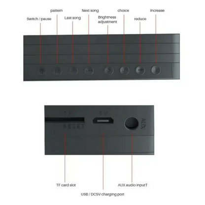 Gray Wireless Bluetooth LED Display Alarm Clock with labeled buttons and ports