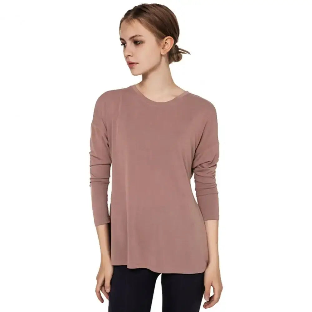 Mauve long-sleeved top with cross round neck, perfect for loose yoga clothes or running