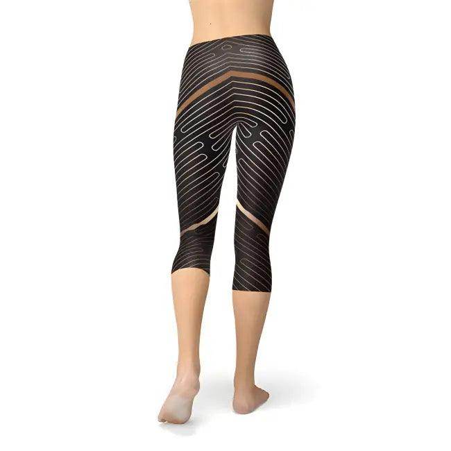Womens Black and Gold Striped Lines Capri Leggings for Style - Estalios