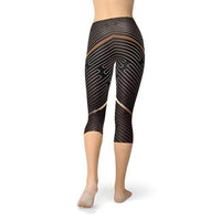 Womens Black and Gold Striped Lines Capri Leggings for Style - Estalios