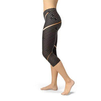 Womens Black and Gold Striped Lines Capri Leggings for Style - Estalios