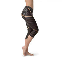 Womens Black and Gold Striped Lines Capri Leggings for Style - Estalios
