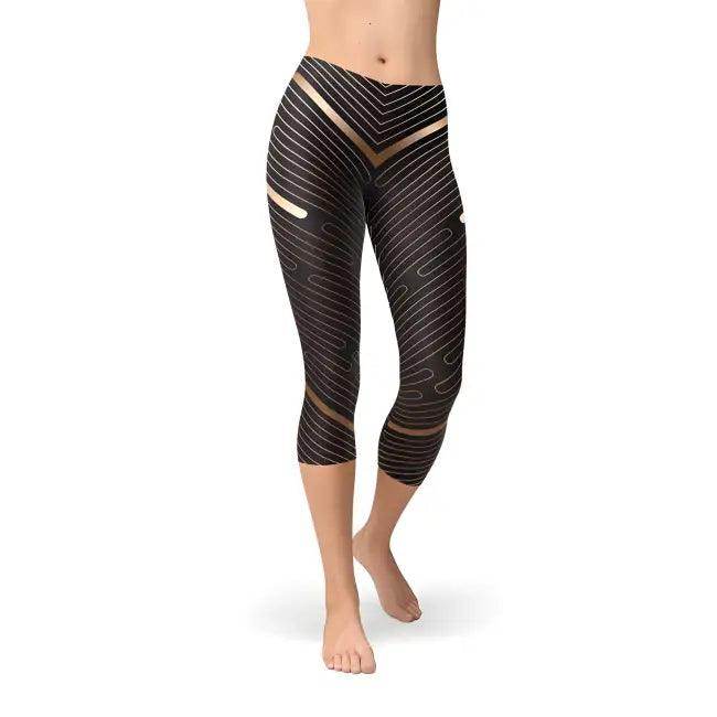 Womens Black and Gold Striped Lines Capri Leggings for Style - Estalios