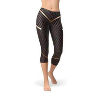 Womens Black and Gold Striped Lines Capri Leggings for Style - Estalios